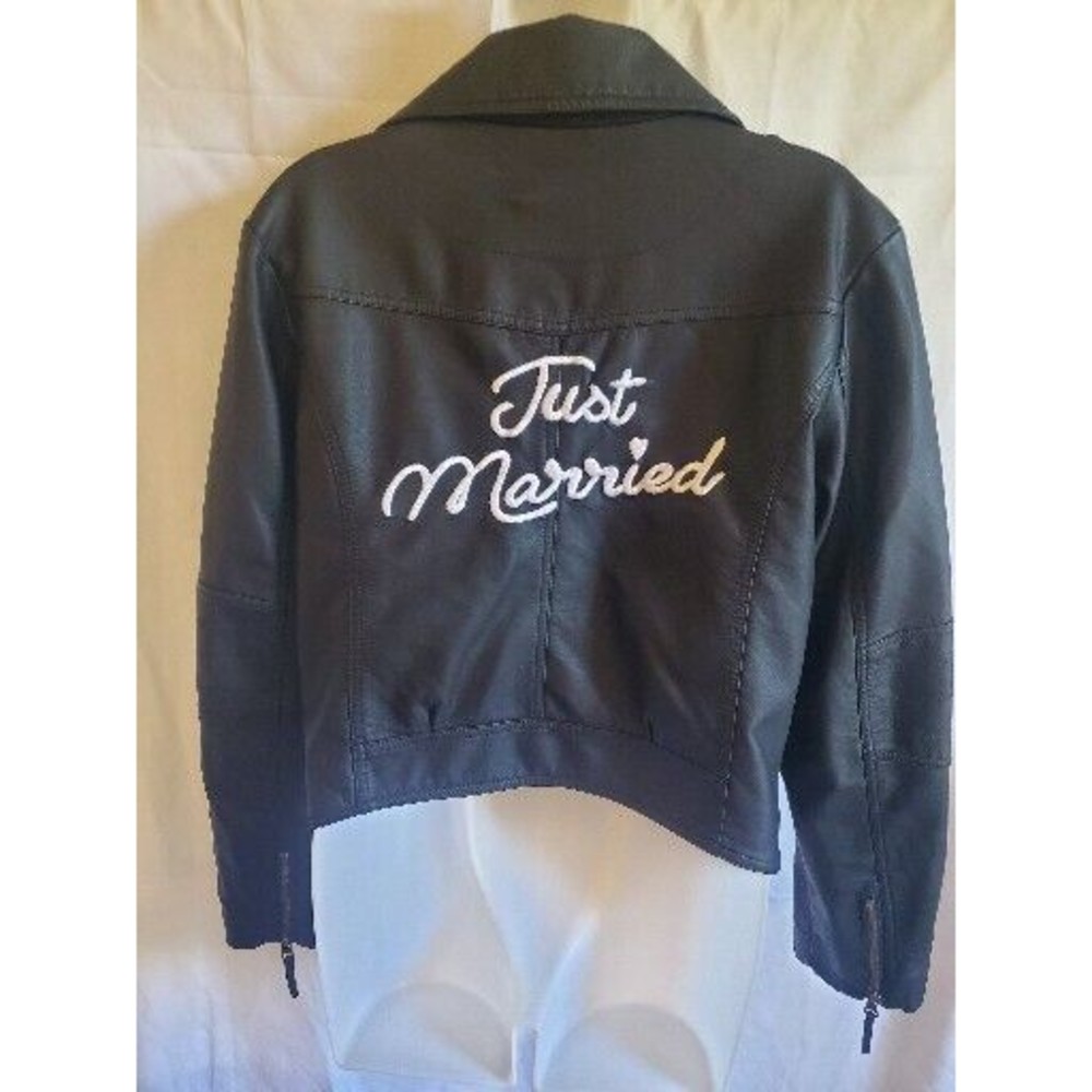 David's Bridal faux leather just married jacket